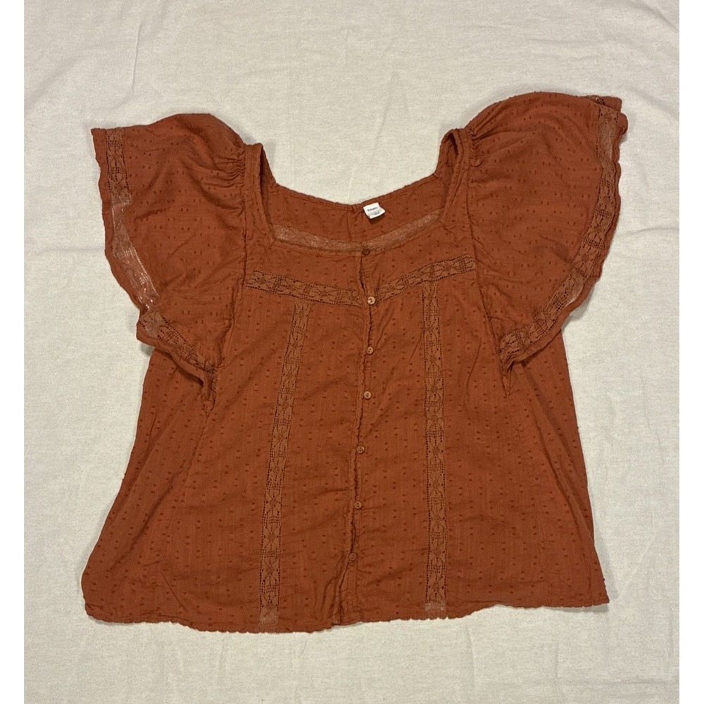 Women's Top Large Orange Peasant Blouse Ruffled Sleeves Crochet-lace Button-down